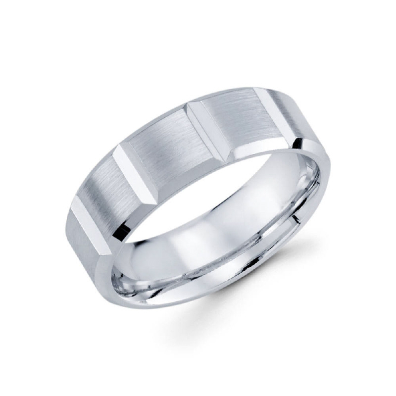 7mm 14k white gold high polished men's wedding band consists of strong vertical grooves along the center for a refined, industrial look.