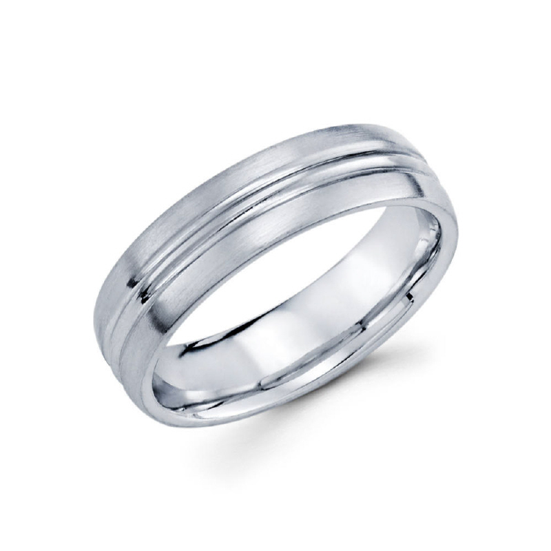 6mm 14k satin finished men's wedding band features a bold groove along the middle.