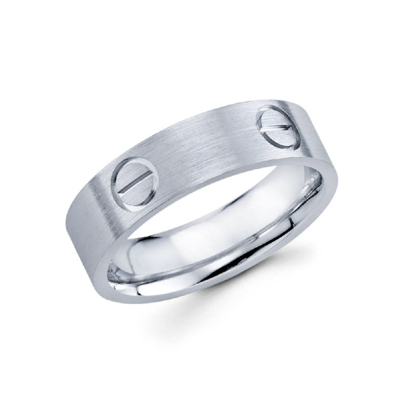 6mm 14k white gold satin finished men's wedding band features four screw designs.