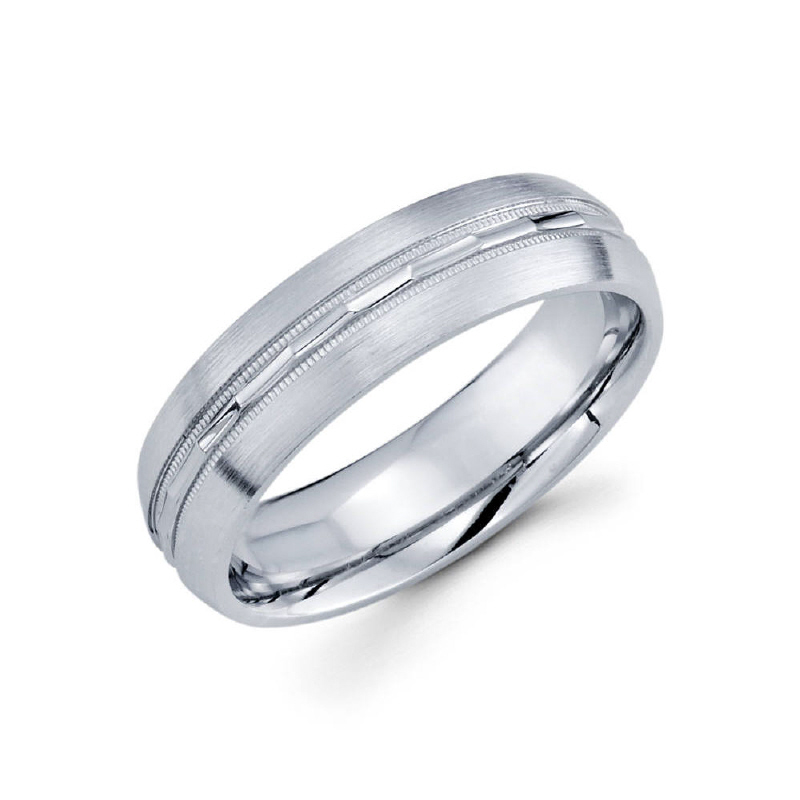 6mm 14k satin finished men's wedding band consists of a diamond cut line with designs which also includes milgrain.